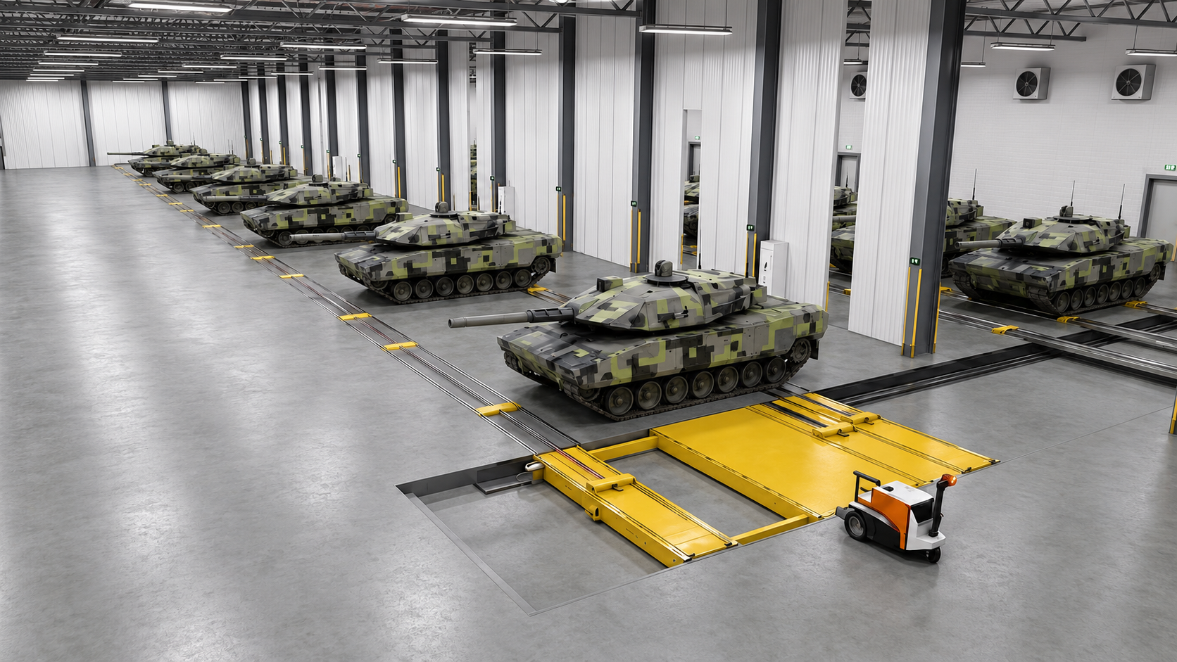 Automated rail system in a production hall with trolleys and ElektroMover